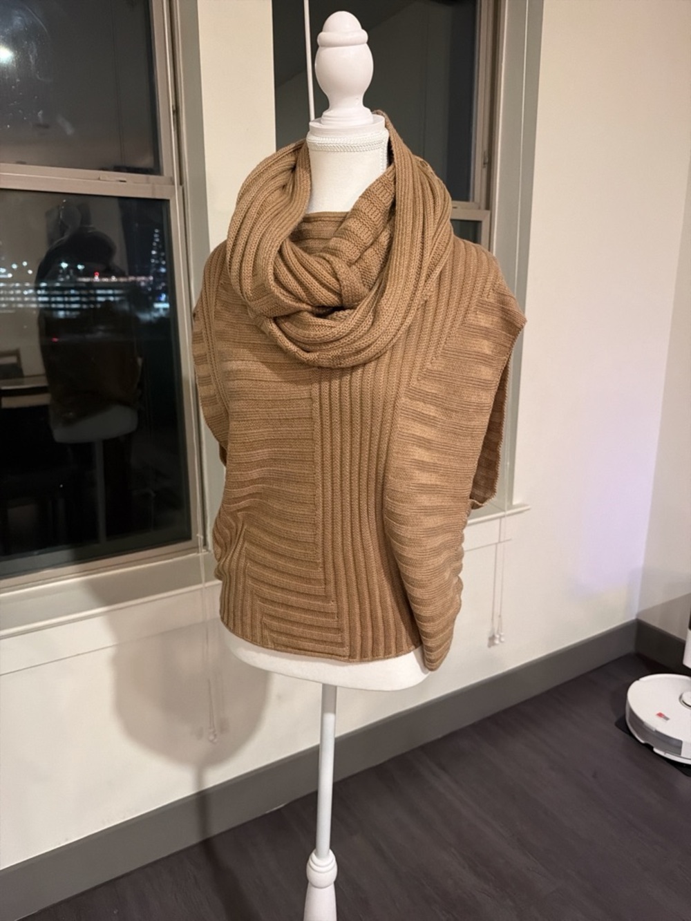 White House Black Market Camel Ribbed Poncho with Cowl Neck